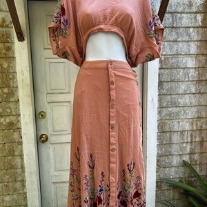 Floral Embroidered Button-Down Skirt